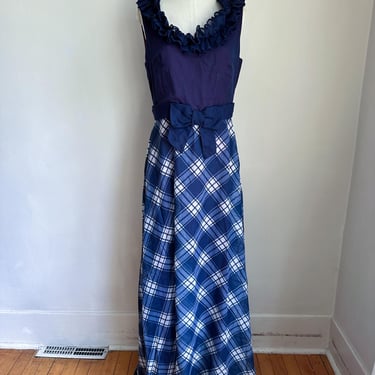Vintage 1960-70s Miss Elliette Navy Ruffled Maxi Dress / S 
