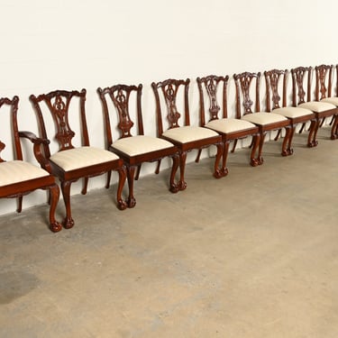 Baker Furniture Style Chippendale Carved Mahogany Dining Chairs, Set of Ten