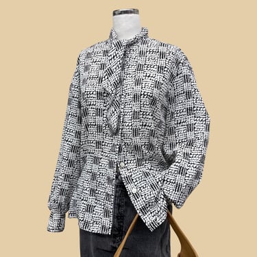 Vintage Christian Dior Secretary Blouse 1980s Retro Womens Size 6 + Black and White + Polyester + Geometric + Bow Tie Neck + Button Front 