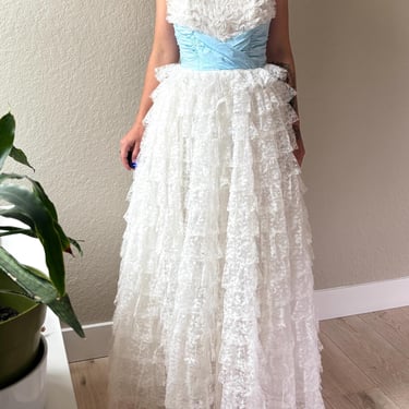 50s White Lace Ruffle Gown Vintage 50s Party Dress 50s Lace Tiered Dress Vintage Lace Ruffle Gown 50s White Lace Wedding Dress Princess Gown 