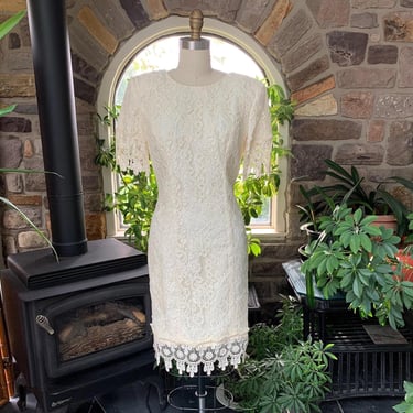 Vintage 1980s Ivory Lace Knee Length Dress Shoulder Pads Karen Lucas for Niki 
