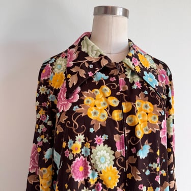 Vintage 60s Hawaiian Psychedelic Floral Pleated Kaftan; 70s Rare Brightly Colored Tropical Floral Hostess Mumu Nightgown One Size Fits Most 