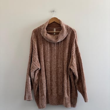 Womens Chenille Sweater Cowl Neck Tan Oversized Ribbed Knit Size XL Cozy Classic Preppy 