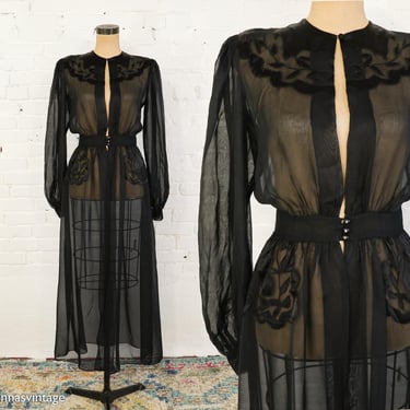 1940s Black Chiffon Embroidered Robe | Vintage Black Dressing Gown, Medium 