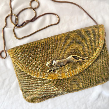 Glitzy Gold Beaded Clutch, Big Cheetah Brooch Embellished, Cocktail Purse, Optional Crossbody Chain Strap, Vintage 
