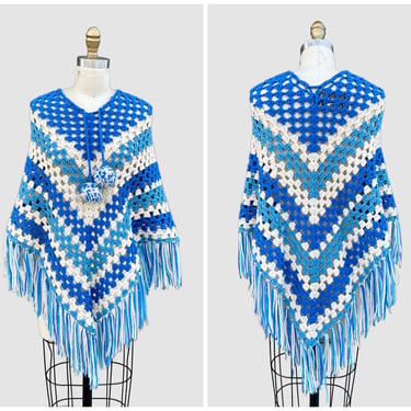 ARTIC KNIT PONCHO Vintage 70s Crochet | 1970s Hand Knit Sweater | Chevron Pattern | Handmade Blue & White Pullover Cardigan | Small • Medium 
