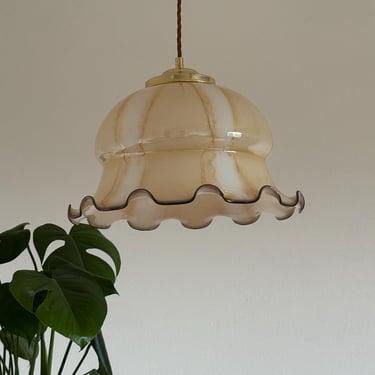 White and Begie Opaline Glass Ceiling Light / Mid Century Vintage Pendant Lamp  / Retro Charm / Wavy Lamp / Yugoslavia / 1970s 