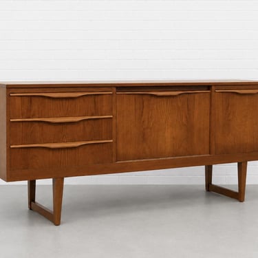 Mid Century Modern Teak Sled Leg Credenza | Scandinavian Sideboard | Danish Modern Buffet Cabinet, Made in England, c. 1960’s 