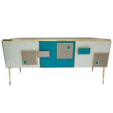 Modern Italian Ivory Gray Teal Blue Geometric Postmodern Brass Cabinet Sideboard