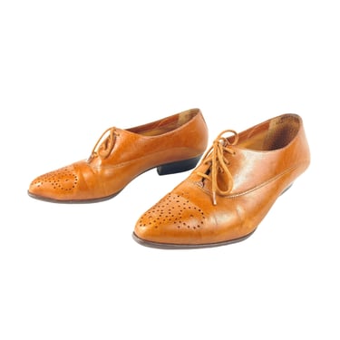 Vintage Brown Leather Women's Oxfords Short Heel Pointed Toe Size 5 1/2 M 