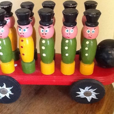 Vintage Wooden Toy Skittles or Bowling - 10 Pins, Ball and Cart 