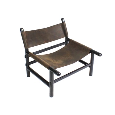 Mid Century Modern Ebonized Wood Leather Sling Lounge Chair