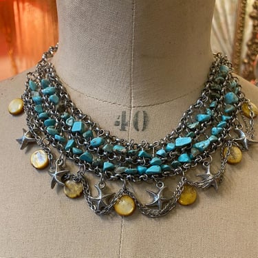 vintage style turquoise beaded choker, silver chain necklace, novelty, starfish 