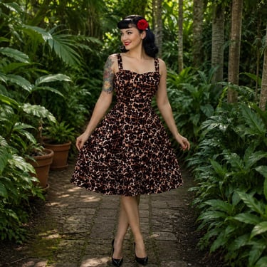 Leopard Vintage Inspired 1950s Strap Swing Dress, Rockabilly Animal Print Dress, Sweetheart Pin Up Party Dress Full Skirt w/Pockets XS-3XL 