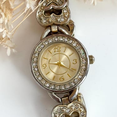 Gold Toned Faced & Rhinestone Accented Heart Shanked Chainlink Quartz Movement Bracelet Vintage Women's Wristwatch - 15mm - WORKS! 