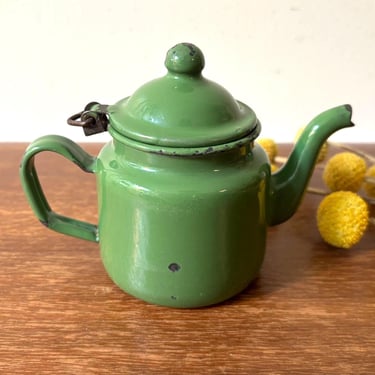 Vintage Rustic Small Green Enamel Teapot | Hinged Lid Curved Spout MCM Metal Tea Kettle Can | Farmhouse Cottage Water Pour Over Coffee Brew 