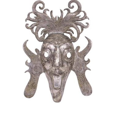 Indonesian Batak Koro Silvered Brass/Bronze Ceremonial Dance Mask - Southeast Asian Decorative Folk Art 