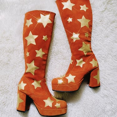 RARE 1970s Suede Platform Disco Boots / Hand Painted / Genuine Leather / Vintage Glam Rock Boots / Made in Italy / Women's Size 6.5 