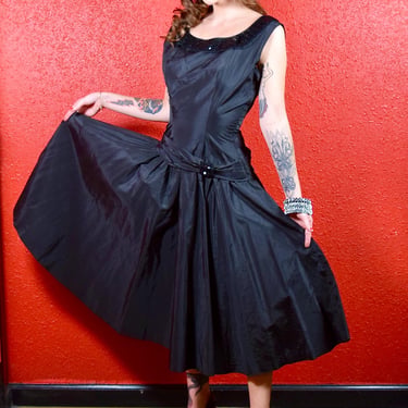 1950s Black Taffeta Drop Waist Dress Alfred Werber 