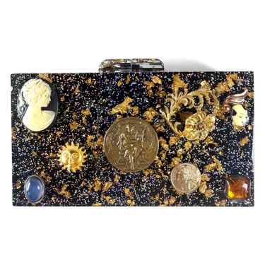 Custom Redesigned, Clutch by Amanda Alarcon Hunter, Acrylic Glitter Object Clutch, Sun, Coin, Unicorn, VIntage Objects, Rare OOAK Clutch 