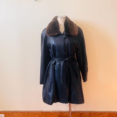 Vintage 1980s Blue Lambskin Leather Coat • Removable Sheared Beaver Fur Lining & Collar • Bespoke Winter Jacket • Womens’s XL 