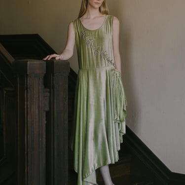 Rare antique 1920s green panne silk velvet bird gown art deco 