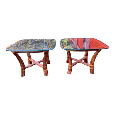 Vintage McGuire style leather wrapped bamboo end / side tables - a pair 