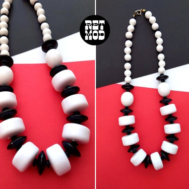 Chunky Statement Vintage 70s 80s 90s White & Black Beaded Necklace 
