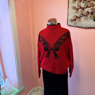 80s Vintage Red Holiday Sweater with Bow Print fits L by cherba