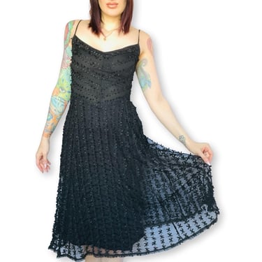 Vintage BETSEY JOHNSON Y2K 90s Dark Coquette Black Mesh & Mini Bow Dress - size Small XS 2 