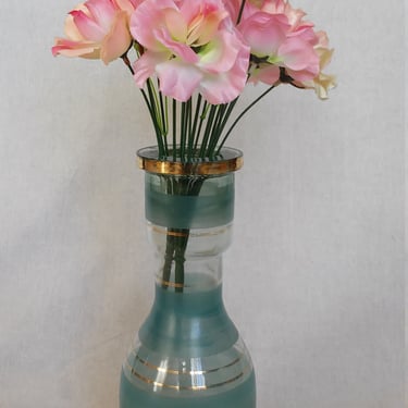 Blue Glass Bottle, Vintage blue Vase or Carafe In Frosted Glass   and Gold   Decoration, Vintage Decanter, Carafe Pitcher,  glass blue vase, 