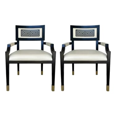 Currey & Company Modern Black and Gold Greek Key Chairs Pair