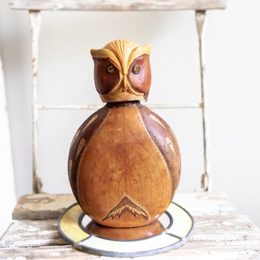 Mid-Century Modern Gold Italian Leather Wrapped Owl Decanter | Vintage Genuine Leather Wine Flask | MCM Owl Decor 