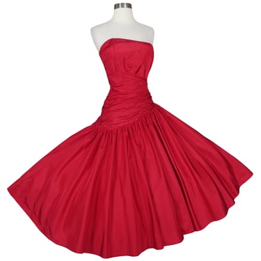 Vintage 80s 50s Red Strapless Full Circle Skirt Taffeta Prom Party Dress XS S Extra Small Swing Dance 1980s Glam Valentines Holiday Gown 