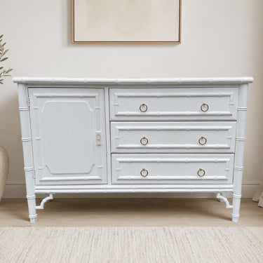Vintage Faux Bamboo Buffet Sideboard | Hollywood Regency White Credenza | Coastal Chinoiserie Storage Cabinet - CUSTOM PAINT AVAILABLE 