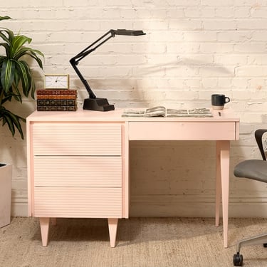 Vintage Coral Pink Slatted Four-Drawer Writing Desk