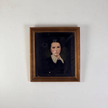 Antique Mid-Late 19th Century Oil on Canvas Painting of Young Woman In High Neck Dress 