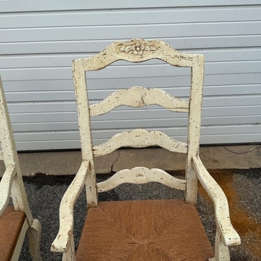 Pair of French Country Antiqued Ladder Back Dining Arm Chairs 