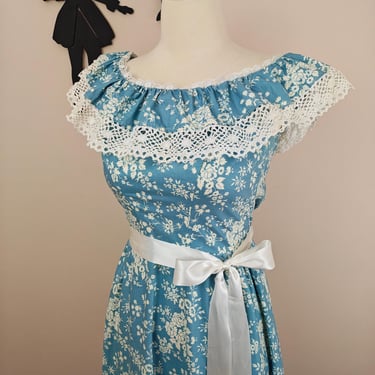 Vintage 1960s Priscilla of Boston Blue Maxi Dress | 60s Bridesmaid Gown | Cottagecore Formal Dress | Crochet Lace Prairie Dress 