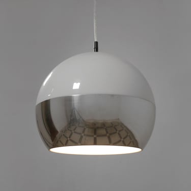 Vintage Hustadt Leuchten White Dome Mirror Chrome Scandinavian Style Pendant Lamp Streamline Light Space Age Minimalist Mid Century Modern 