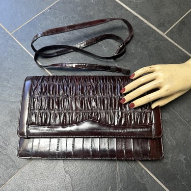 Vintage 1980s Dark Brown Eel Skin Clutch Bag or Shoulder Bag Elegance 