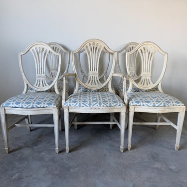 Set of Six Vintage Gustavian Style Shield-Back Dining Chairs with Distressed White Finish 