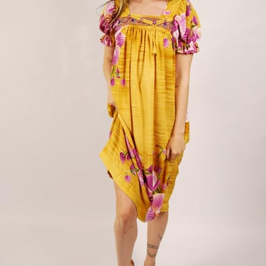 70s Hawaiian Dress (M) medium yellow vintage midi 