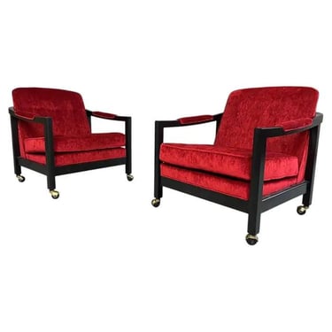 Milo Baughman Style Directional Deep Red Velvet & Ebony Mahogany Club Chairs 