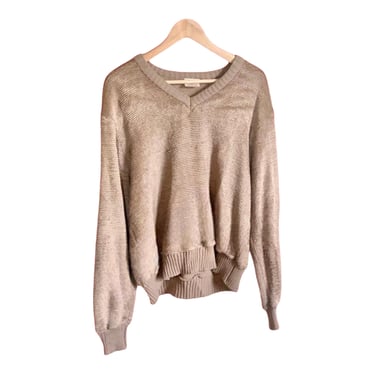 70s Terrycloth Sweater, Vintage V-Neck Shirt, Grunge Kurt Cobain Shirt Cuffed Light Brown Taupe Velour Velvet Soft Comfy Retro Sweater 
