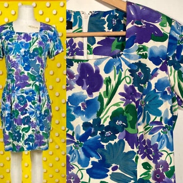 Vintage 1980s Silk Watercolor Floral Print Dress Size M 