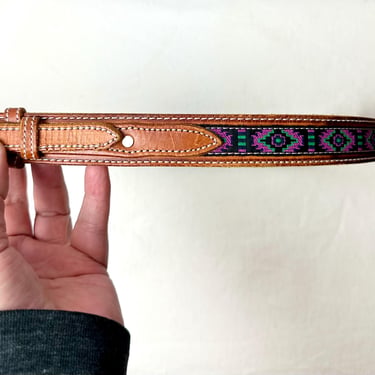 Vintage 2 tone leather belt~ Mahogany brown with purple & green textile inlay~ western style size LG/ 36” 