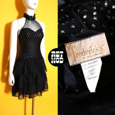 Fabulously Sexy Vintage 70s 80s Black Gold Lamé Polka Dot Sheer Halter Tiered Ruffle Party Dress by Frederick's of Hollywood 