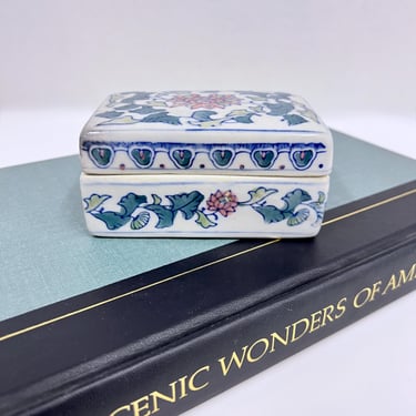 Blue and White Chinoiserie Lotus Flower Ceramic Catchall Box, Floral Motif Jewelry Trinket Dish 
