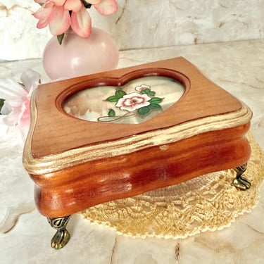 Vintage Glass Inset Jewelry Box, Painted Floral Glass, Dresser Decor, Wood Jewelry Box, Footed 